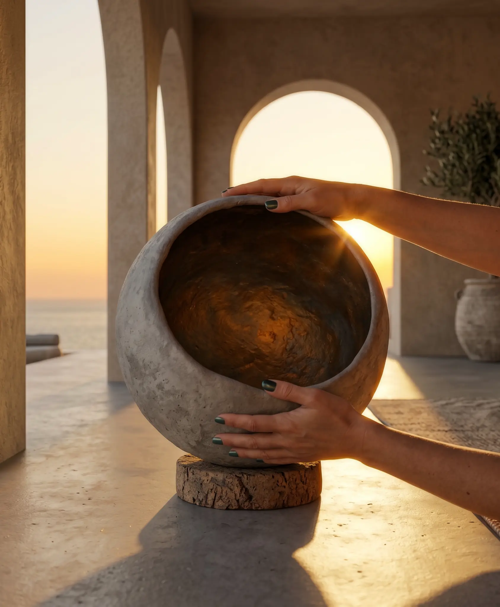 diseño interior y arquitectura minimalista de estilo mediterráneo al atardecer, donde unas manos sostienen e interactúan con una escultura de cemento crudo de 53 Design Lab. La pieza de arte funcional, asentada sobre su base cilíndrica de corcho, revela un núcleo mineral dorado envuelto por la luz natural del ocaso, materializando la filosofía Shin Sabi al transformar de forma viva la relación entre materia, luz, cuerpo y atención en el espacio.